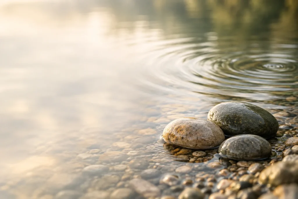 Glatte Kiesel an ruhigem Wasser mit sanften konzentrischen Wellen.