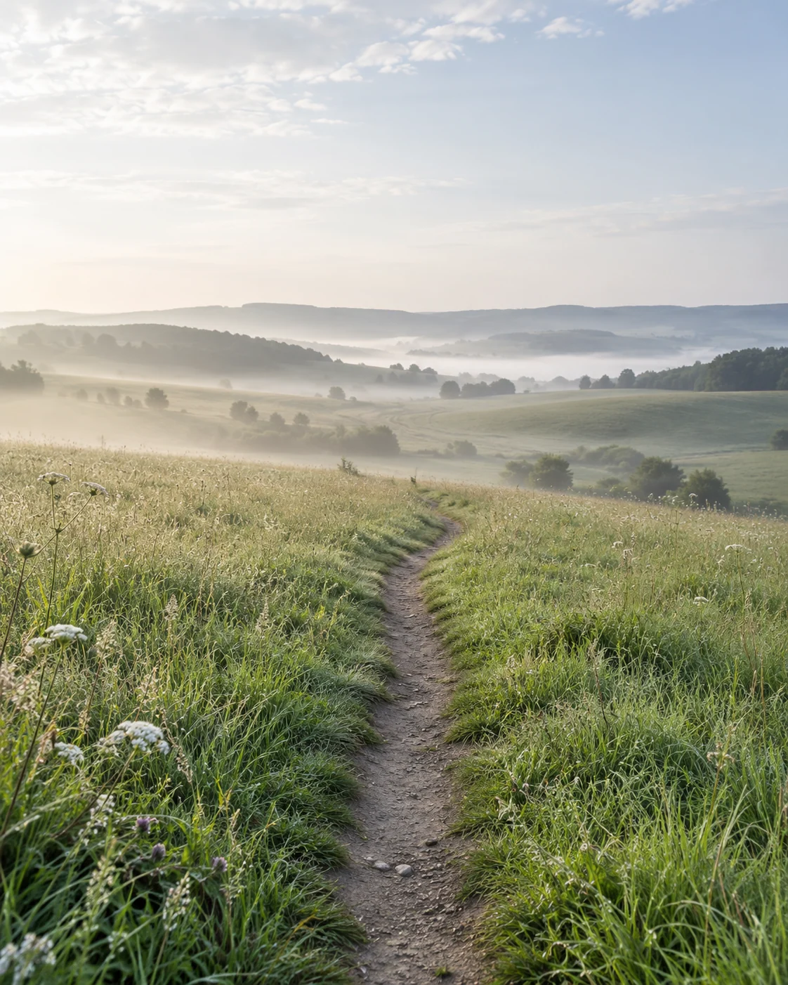 Ein heller Weg führt durch eine grüne Wiese.