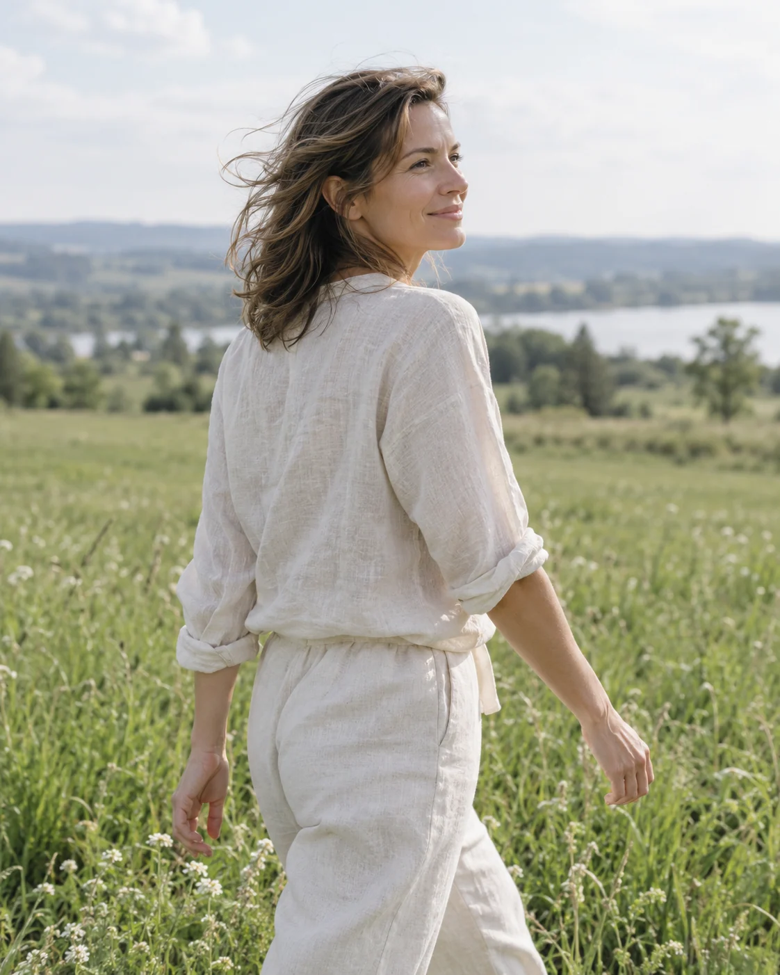 Eine Frau blickt entspannt über eine weite grüne Landschaft.