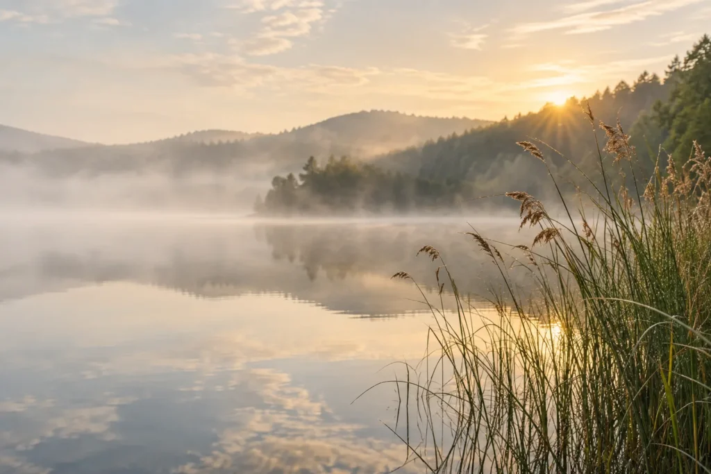 Nebel über einem stillen See mit feinen Schilfhalmen im Morgenlicht.