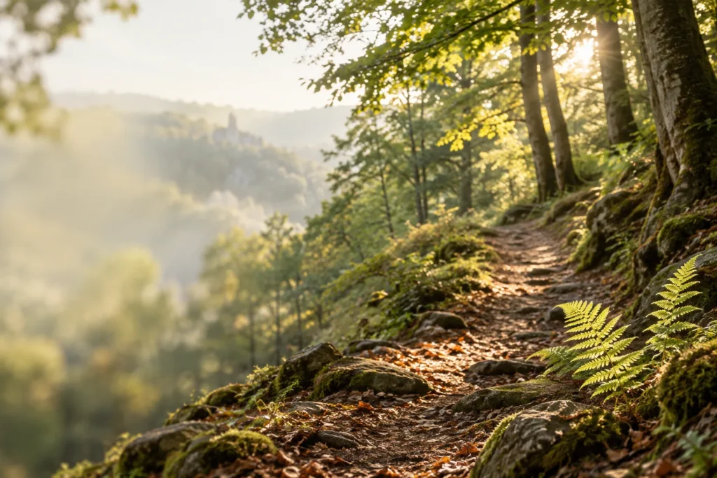 Ein heller Waldweg zwischen Buchen und Farnen – Symbol für persönliche Orientierung.