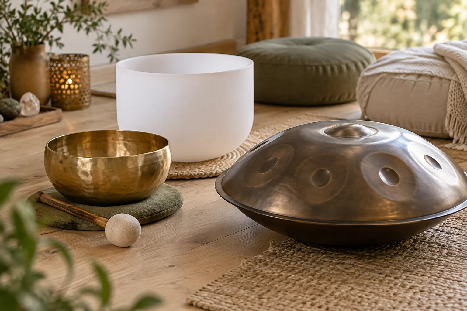 Symbolbild: Klangschale, weiße Kristallschale und Handpan in einer ruhigen Umgebung.